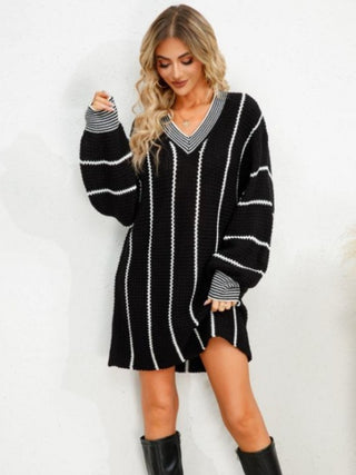 Shop Striped V-Neck Long Sleeve Mini Dress - High-Quality U.S. Made Women’s Fashion with Free Fast Shipping