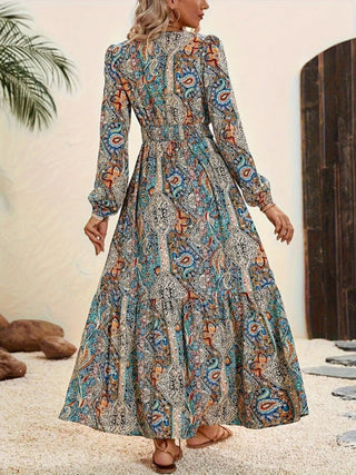 Shop Printed Tie Neck Long Sleeve Maxi Dress - High-Quality U.S. Made Women’s Fashion with Free Fast Shipping