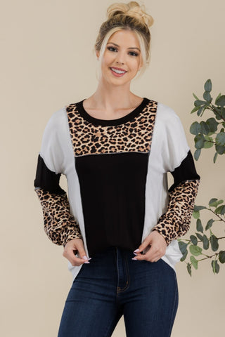 Shop Black Leopard Celeste Full Size Leopard Color Block Exposed Seam T-Shirt - High-Quality U.S. Made Women’s Fashion with Free & Fast Shipping