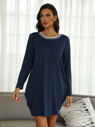 Shop Contrast Round Neck Long Sleeve Lounge Dress - High-Quality U.S. Made Women’s Fashion with Free Fast Shipping