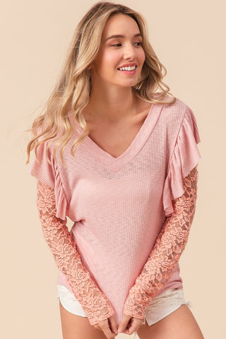 Shop Blush Pink BiBi Ruffled Lace Sleeve Rib Knit Top - High-Quality U.S. Made Women’s Fashion with Free & Fast Shipping