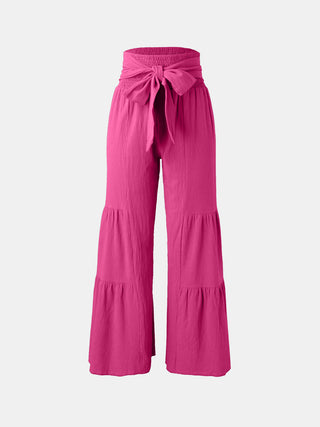 Shop Deep Rose Tied Ruched Wide Leg Pants - High-Quality U.S. Made Women’s Fashion with Free & Fast Shipping