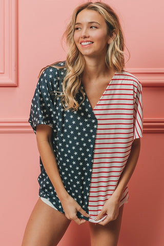 Shop Navy Red Stripe BiBi US Flag Themed Color Block Short Sleeve T-Shirt - High-Quality U.S. Made Women’s Fashion with Free & Fast Shipping