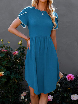 Shop Peacock Blue Round Neck Petal Sleeve Dress - High-Quality U.S. Made Women’s Fashion with Free & Fast Shipping