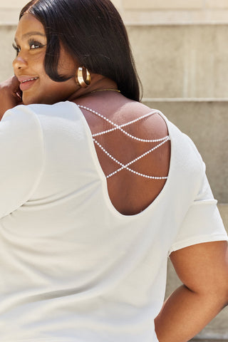 Shop And The Why Pearly White Full Size Criss Cross Pearl Detail Open Back T-Shirt - High-Quality U.S. Made Women’s Fashion with Free & Fast Shipping