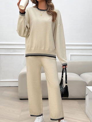 Shop Beige Round Neck Dropped Shoulder Top and Pants Sweater Set - High-Quality U.S. Made Women’s Fashion with Free & Fast Shipping