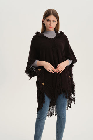 Shop Fringe Hem Hooded Poncho - High-Quality U.S. Made Women’s Fashion with Free Fast Shipping