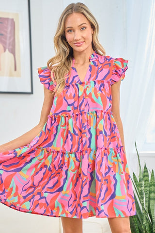 Shop Multi First Love Full Size Printed Ruffle Cap Sleeve Tiered Dress - High-Quality U.S. Made Women’s Fashion with Free & Fast Shipping