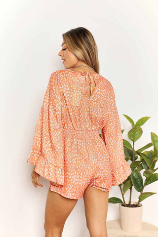 Shop Double Take Printed Flare Sleeve Surplice Romper - High-Quality U.S. Made Women’s Fashion with Free & Fast Shipping