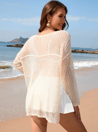 Shop Openwork Slit Boat Neck Long Sleeve Cover-Up - High-Quality U.S. Made Women’s Fashion with Free & Fast Shipping