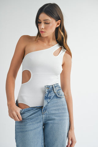 Shop Off White MABLE One Shoulder Ribbed Cutout Detail Bodysuit - High-Quality U.S. Made Women’s Fashion with Free & Fast Shipping