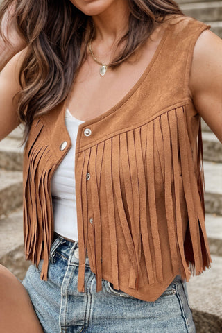 Shop Caramel Fringe Snap Down Vest Coat - High-Quality U.S. Made Women’s Fashion with Free & Fast Shipping