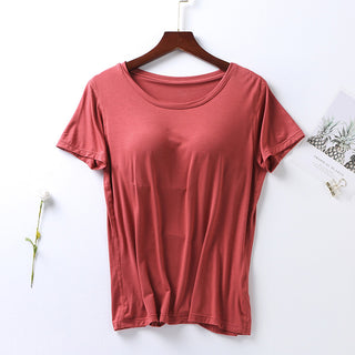 Shop Plus Size Round Neck Short Sleeve T-Shirt with Bra - High-Quality U.S. Made Women’s Fashion with Free Fast Shipping