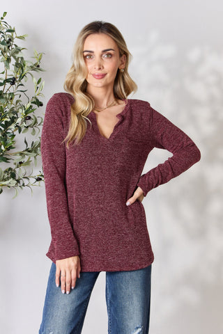 Shop Burgundy Heimish Full Size Notched Long Sleeve Top - High-Quality U.S. Made Women’s Fashion with Free & Fast Shipping