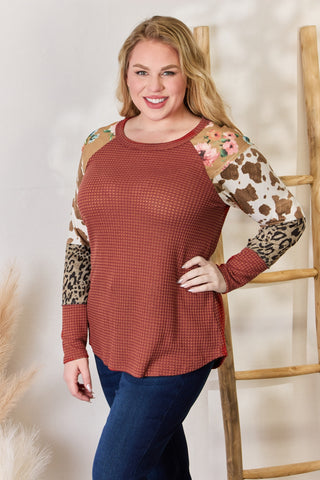 Shop Hailey & Co Full Size Leopard Waffle-Knit Blouse - High-Quality U.S. Made Women’s Fashion with Free & Fast Shipping