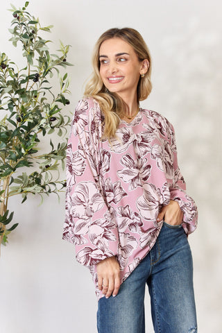 Shop Heimish Full Size Floral V-Neck Balloon Sleeve Blouse - High-Quality U.S. Made Women’s Fashion with Free & Fast Shipping