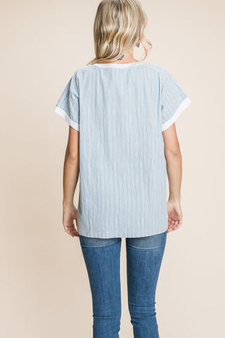 Shop Cotton Bleu by Nu Lab Striped Contrast Short Sleeve T-Shirt - High-Quality U.S. Made Women’s Fashion with Free & Fast Shipping