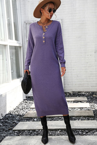 Shop Mauve Decorative Button Notched Dropped Shoulder Sweater Dress - High-Quality U.S. Made Women’s Fashion with Free & Fast Shipping