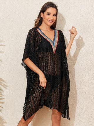 Shop Openwork V-Neck Half Sleeve Cover-Up - High-Quality U.S. Made Women’s Fashion with Free & Fast Shipping