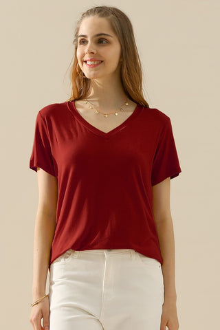 Shop BURGUNDY Ninexis Full Size V-Neck Short Sleeve T-Shirt - High-Quality U.S. Made Women’s Fashion with Free & Fast Shipping