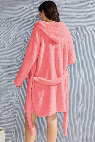 Shop Fuzzy Tied Pocketed Hooded Lounge Nightgown - High-Quality U.S. Made Women’s Fashion with Free Fast Shipping