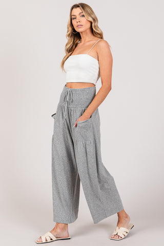 Shop Gray SAGE + FIG Drawstring Smocked High Waist Pants - High-Quality U.S. Made Women’s Fashion with Free & Fast Shipping