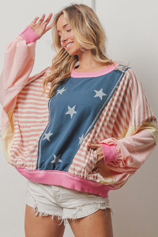 Shop Blush Multi BiBi Stars and Stripes Round Neck Long Sleeve Top - High-Quality U.S. Made Women’s Fashion with Free & Fast Shipping