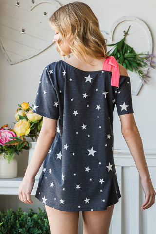 Shop Heimish Full Size Star Print Asymmetrical Neck Short Sleeve Top - High-Quality U.S. Made Women’s Fashion with Free & Fast Shipping