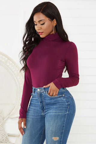 Shop Burgundy Turtleneck Long Sleeve Bodysuit - High-Quality U.S. Made Women’s Fashion with Free & Fast Shipping