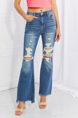 Shop Dark RISEN Full Size Hazel High Rise Distressed Flare Jeans - High-Quality U.S. Made Women’s Fashion with Free & Fast Shipping