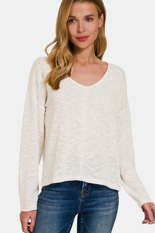 Shop Ivory Zenana V-Neck Dropped Shoulder Long Sleeve T-Shirt - High-Quality U.S. Made Women’s Fashion with Free & Fast Shipping