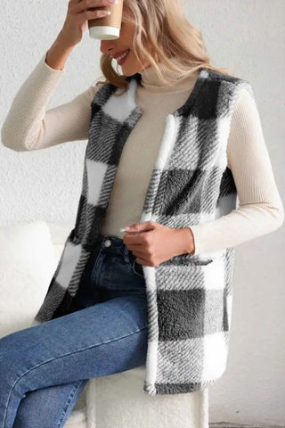 Shop Sherpa Plaid Open Front Vest Coat - High-Quality U.S. Made Women’s Fashion with Free & Fast Shipping