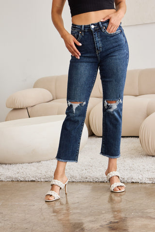 Shop RFM Crop Dylan Full Size Tummy Control Distressed High Waist Raw Hem Jeans - High-Quality U.S. Made Women’s Fashion with Free Fast Shipping