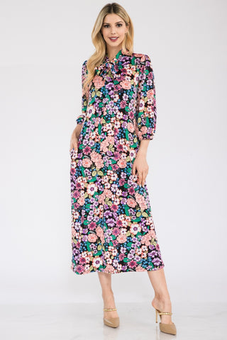 Shop Black Floral Celeste Full Size Floral Midi Dress with Bow Tied - High-Quality U.S. Made Women’s Fashion with Free & Fast Shipping