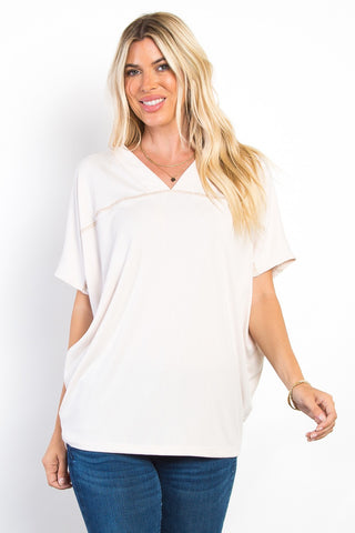 Shop Beige Be Stage Full Size V-Neck Short Sleeve Ribbed Top - High-Quality U.S. Made Women’s Fashion with Free & Fast Shipping