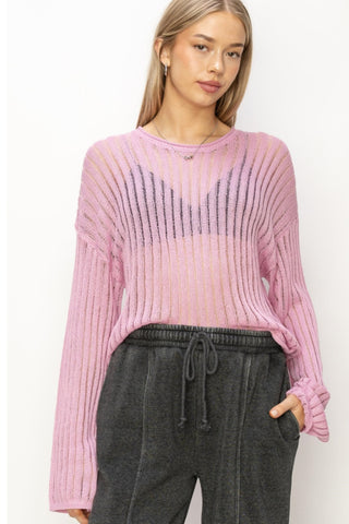 Shop PINK HYFVE Openwork Ribbed Long Sleeve Knit Top - High-Quality U.S. Made Women’s Fashion with Free & Fast Shipping