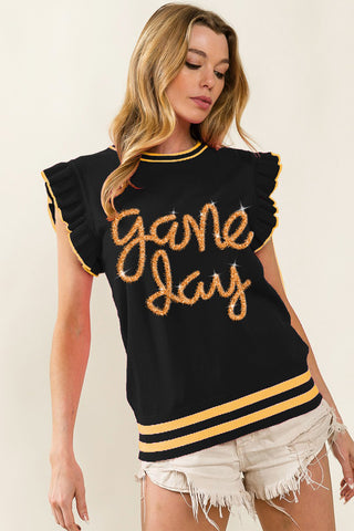 Shop Black Gold BiBi Game Day Letter Contrast Trim Ruffled Sleeveless Sweater - High-Quality U.S. Made Women’s Fashion with Free & Fast Shipping