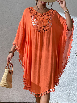 Shop Tassel Cutout Scoop Neck Cover-Up Dress - High-Quality U.S. Made Women’s Fashion with Free & Fast Shipping