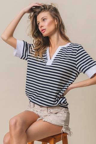 Shop BiBi Contrast Striped Notched Knit Top - High-Quality U.S. Made Women’s Fashion with Free & Fast Shipping