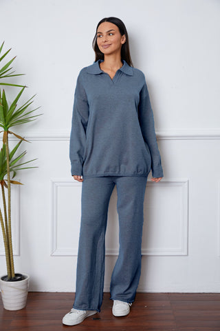 Shop French Blue One Size Dropped Shoulder Sweater and Long Pants Set - High-Quality U.S. Made Women’s Fashion with Free & Fast Shipping