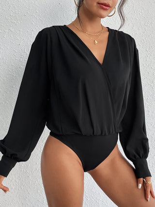 Shop Surplice Ruched Long Sleeve Bodysuit - High-Quality U.S. Made Women’s Fashion with Free & Fast Shipping