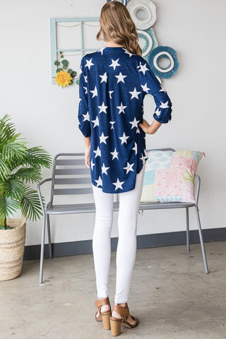 Shop Heimish Full Size Roll-Tab Sleeve Star Print Top - High-Quality U.S. Made Women’s Fashion with Free & Fast Shipping