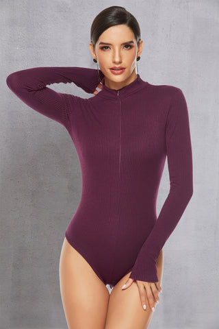 Shop Deep Purple Full Size Ribbed Half Zip Long Sleeve Bodysuit - High-Quality U.S. Made Women’s Fashion with Free & Fast Shipping