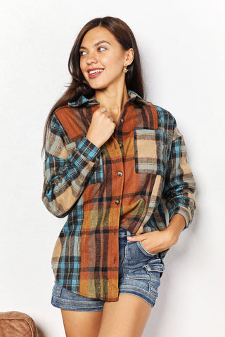 Shop Plaid Double Take Plaid Curved Hem Shirt Jacket with Breast Pockets - High-Quality U.S. Made Women’s Fashion with Free & Fast Shipping