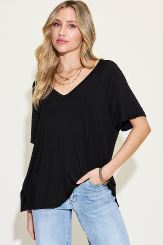 Shop Basic Bae Full Size Bamboo Slit V-Neck Short Sleeve T-Shirt - High-Quality U.S. Made Women’s Fashion with Free & Fast Shipping