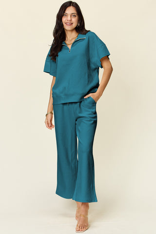 Shop Teal Double Take Full Size Texture Half Zip Short Sleeve Top and Pants Set - High-Quality U.S. Made Women’s Fashion with Free & Fast Shipping