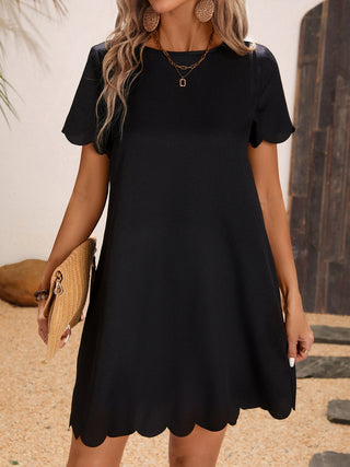 Shop Scalloped Hem Round Neck Short Sleeve Dress - High-Quality U.S. Made Women’s Fashion with Free & Fast Shipping