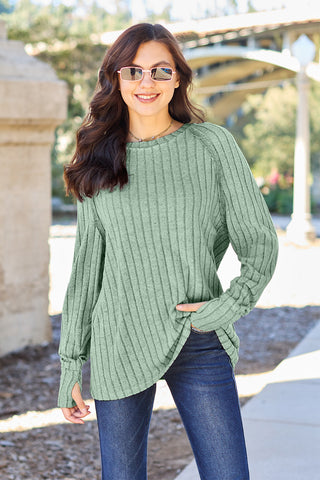 Shop Light Green Basic Bae Full Size Ribbed Round Neck Long Sleeve Knit Top - High-Quality U.S. Made Women’s Fashion with Free & Fast Shipping