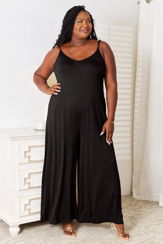 Shop Black Double Take Full Size Soft Rayon Spaghetti Strap Tied Wide Leg Jumpsuit - High-Quality U.S. Made Women’s Fashion with Free & Fast Shipping