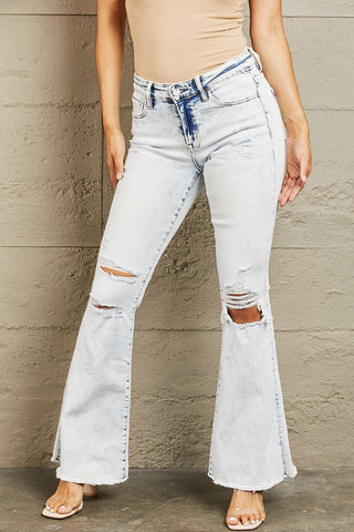 Shop Light BAYEAS Mid Rise Acid Wash Distressed Jeans - High-Quality U.S. Made Women’s Fashion with Free & Fast Shipping